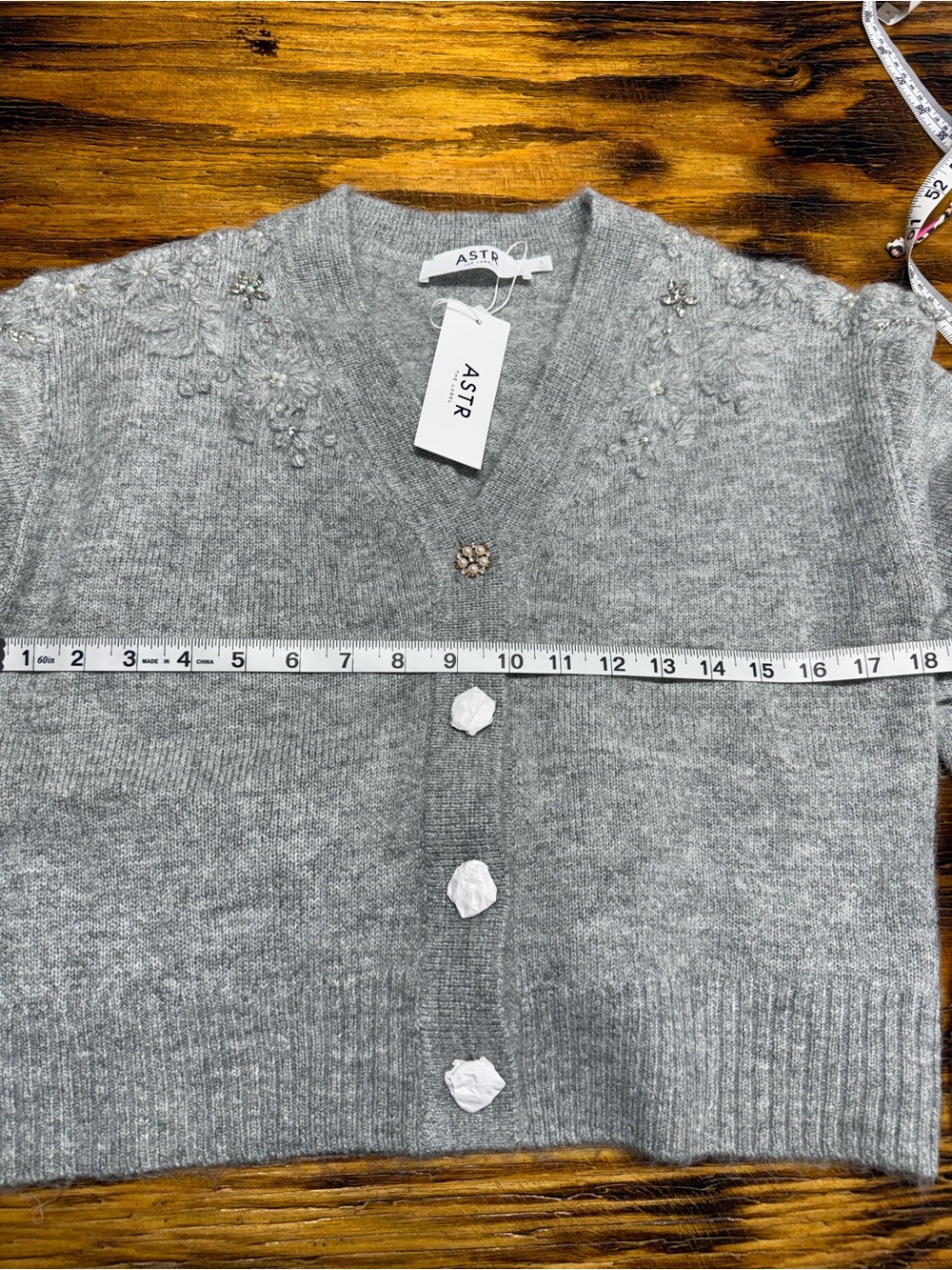 ASTR Light Gray Embellished V-Neck Cardigan